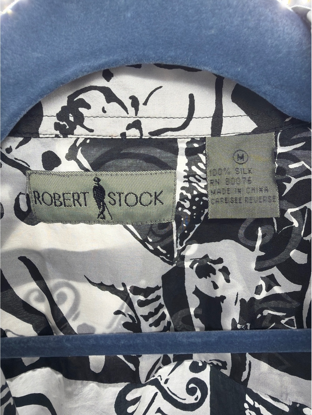 Robert Stock Men's Black and White Abstract Silk Shirt Large
